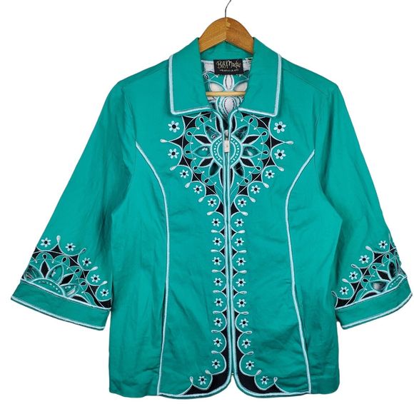 Bob Mackie Wearable Art Green Floral Embroidered Zip Up 3/4 Sleeve Jacket Sz M - Picture 1 of 6